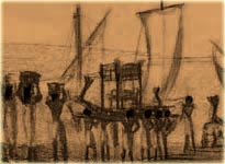 Der Leichenzug begibt sich auf Booten Richtung Abydos